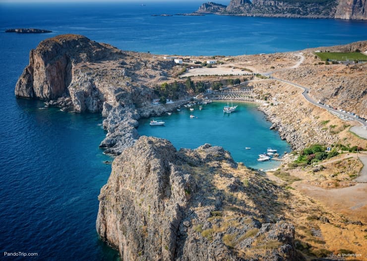View of St. Paul´s bay, Lindos village, Rhodes, Greece