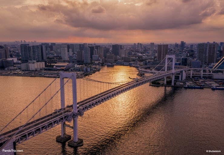 Aerial drone view of Rainbow Bridge, Odaiba, Tokyo, Japan