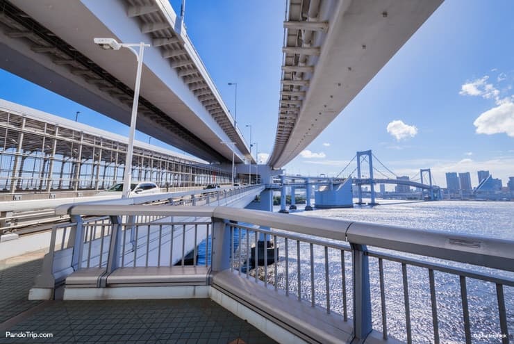 Entrance of the pedestrian walkway Rainbow promenade in Odaiba