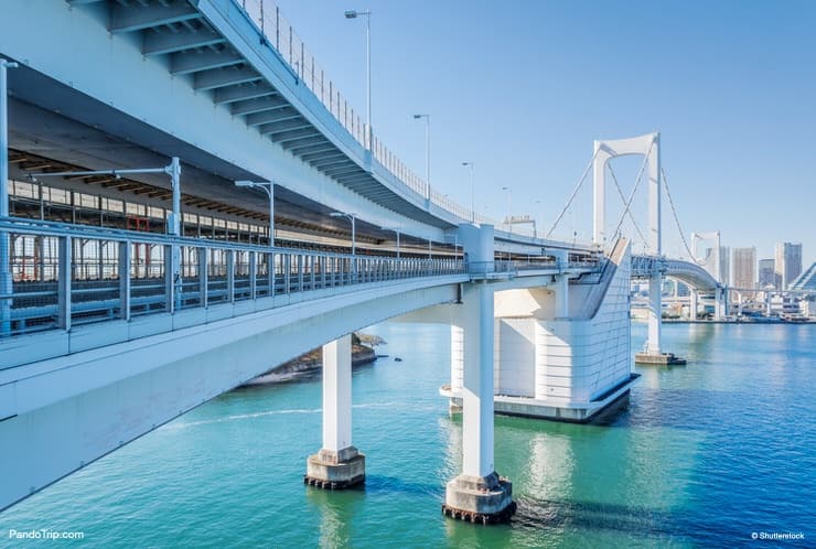 The view of Rainbow promenade and Rainbow Bridge in Odaiba, Tokyo, Japan