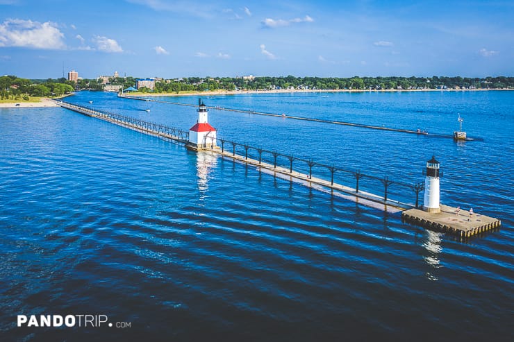 Aerial view of the St. Joseph North Pier Outer and Inner Lights on Lake Michigan