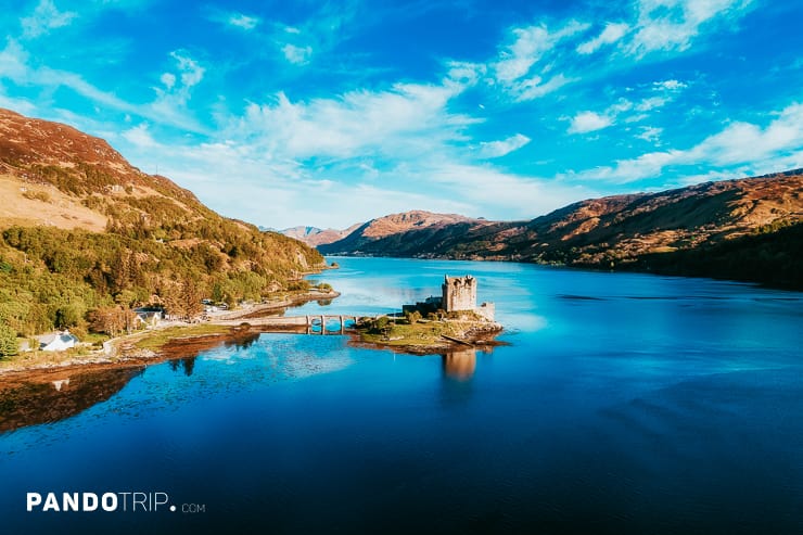 Aerial view of Eilean Donan, Loch Duich Island, Scotland