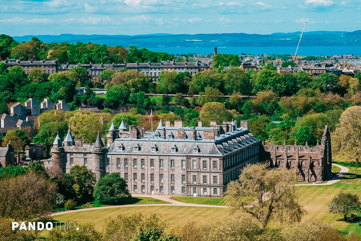 Aerial view of Palace of Holyroodhouse, Edinburgh, Scotland