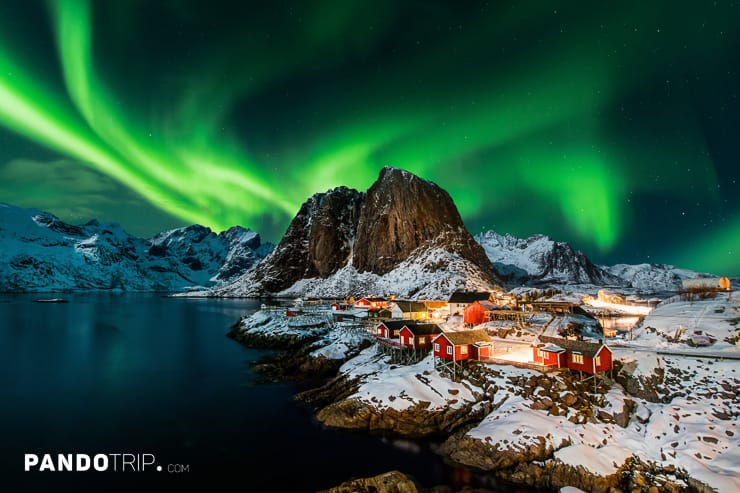 Aurora borealis over Hamnoy in Norway