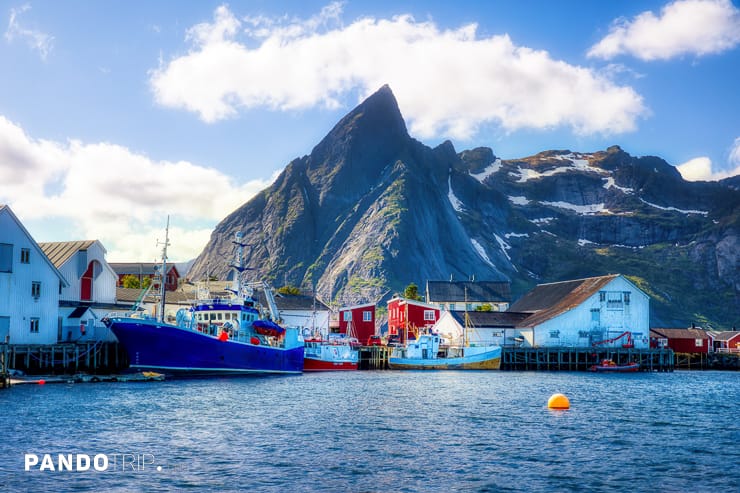 Boats and Rorbuer houses in Hamnoy, Norway