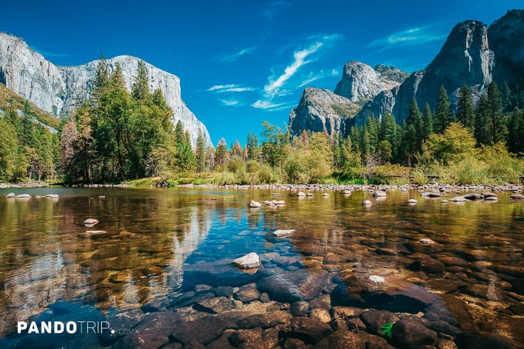Classic view of Yosemite Valley with famous El Capitan