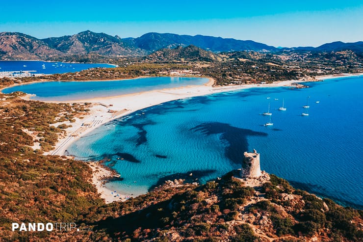 Torre di Porto Giunco Tower and Simius Beach near Villasimius, Sardinia, Italy