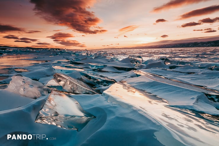 Sunset over frozen Lake Baikal