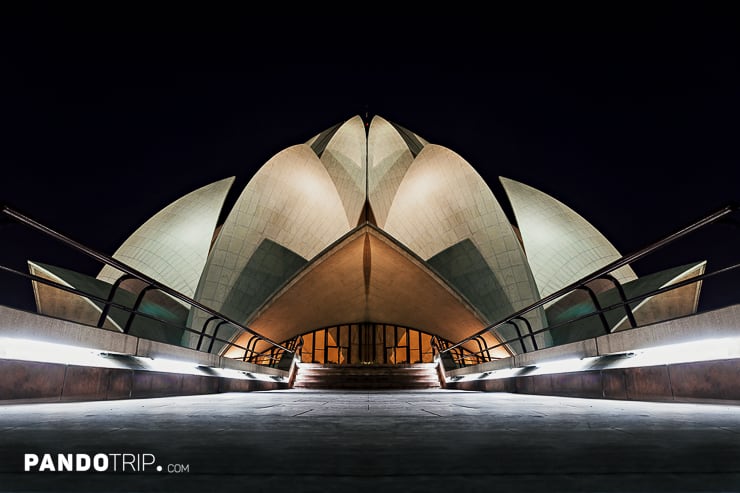 Entrance to the Lotus Temple at night, India