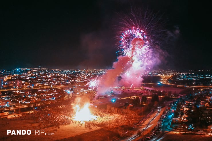 Ritual bonfire and New Year's fireworks in Reykjavik