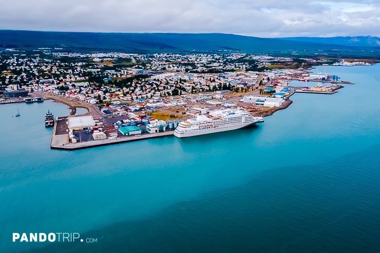 Akureyri, a city at the base of Eyjafjordur Fjord in Iceland