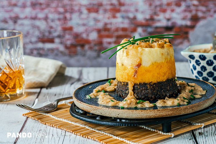 Haggis, neeps and tatties stack - traditional Scottish dish for Burns Night