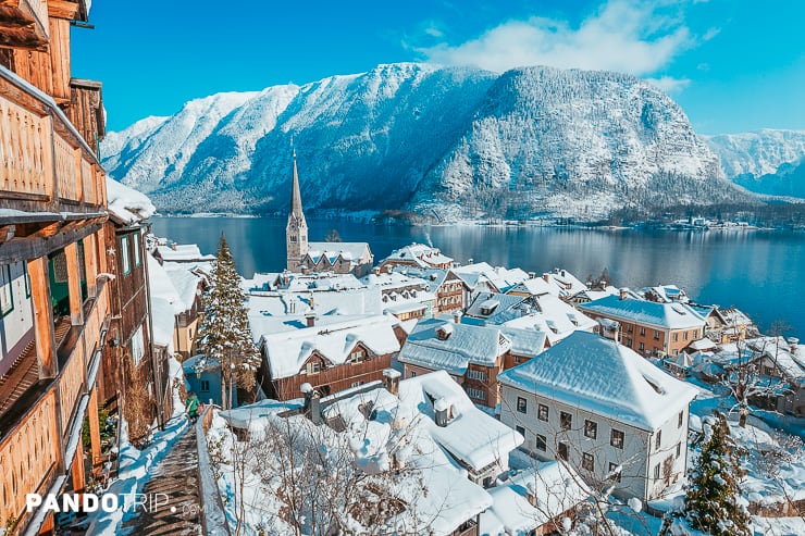 Aerial view of Hallstatt in winter