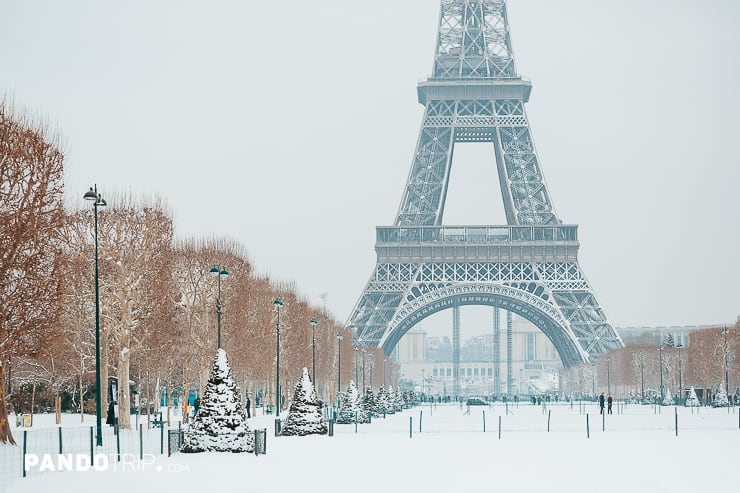 Snowy day in Paris, France