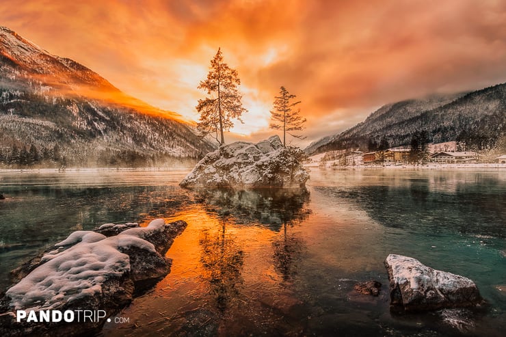 Winter sunset at Hintersee lake in Ramsau