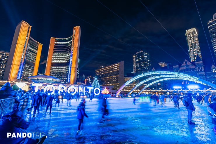 Ice skating at Nathan Phillips Square in Toronto