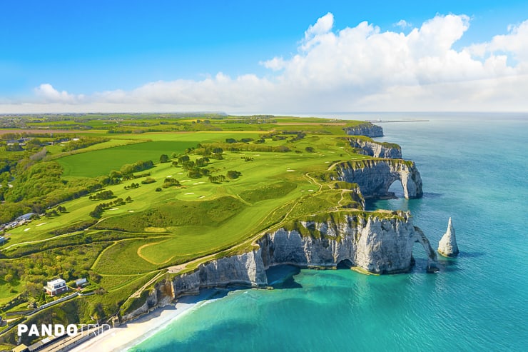 Aerial view of Falaise dAval in Etretat, France