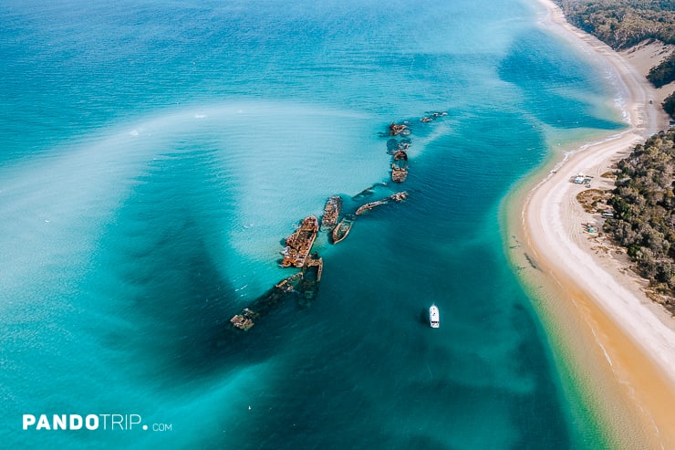 Aerial view of Tangalooma Wrecks, Moreton Island, Australia