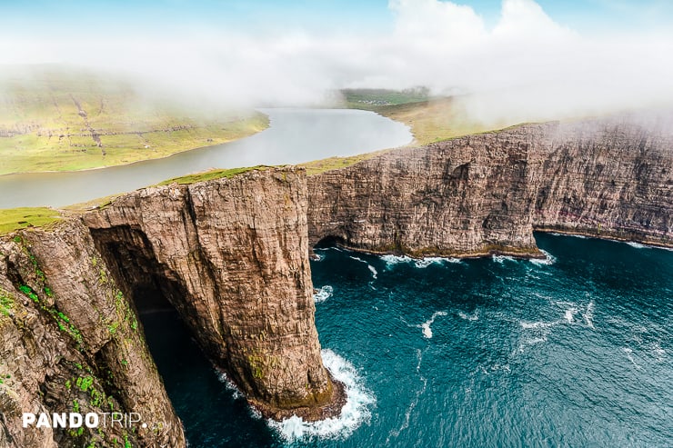 Sorvagsvatn lake over the Atlantic Ocean, Faroe Islands