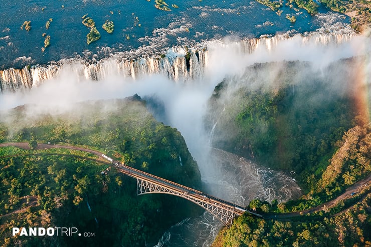 Aerial view of Victoria Falls and Victoria Falls Bridge