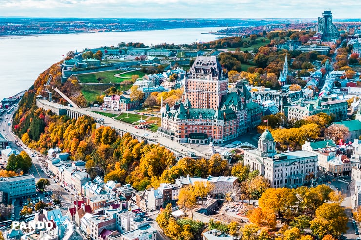 Aerial view of historic district of Old Quebec with Chateau Frontenac