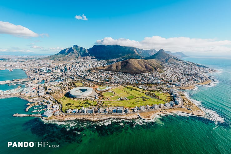 Cape Town with Table Mountain covered in clouds in the background