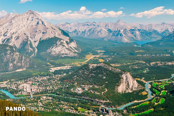 Aerial view of Banff town with surrounding mountains