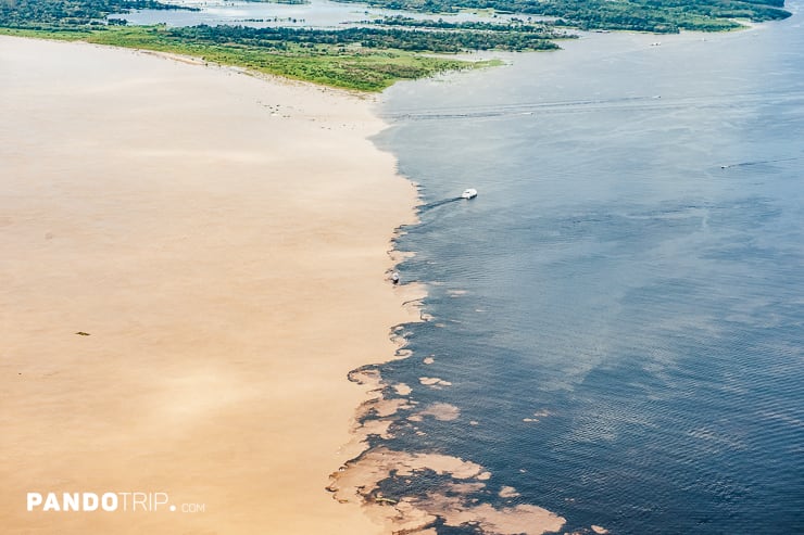 Aerial view of Meeting of the waters of Rio Negro and Amazon River