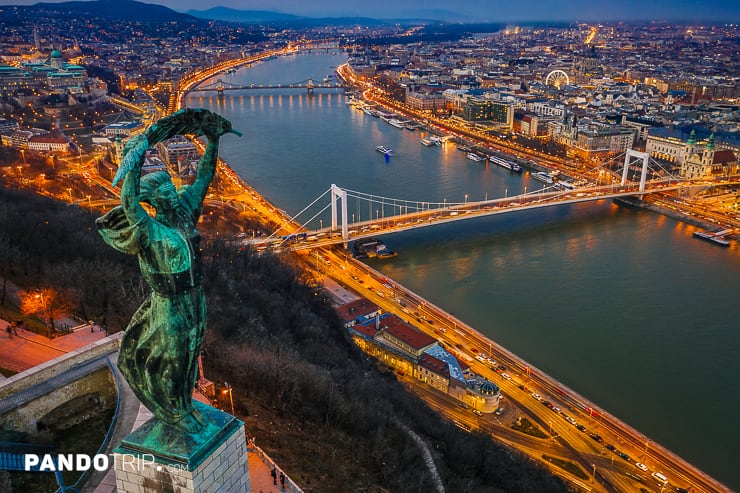 Aerial view of Statue of Liberty and Danube river in Budapest