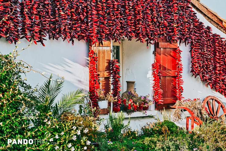Red Espelette peppers drying on the wall in Espelette town