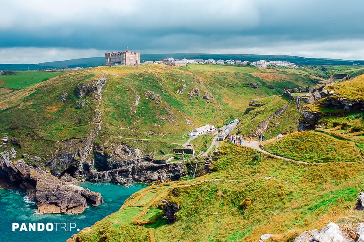 A view from Tintagel Castle towards Camelot Castle Hotel, Cornwall