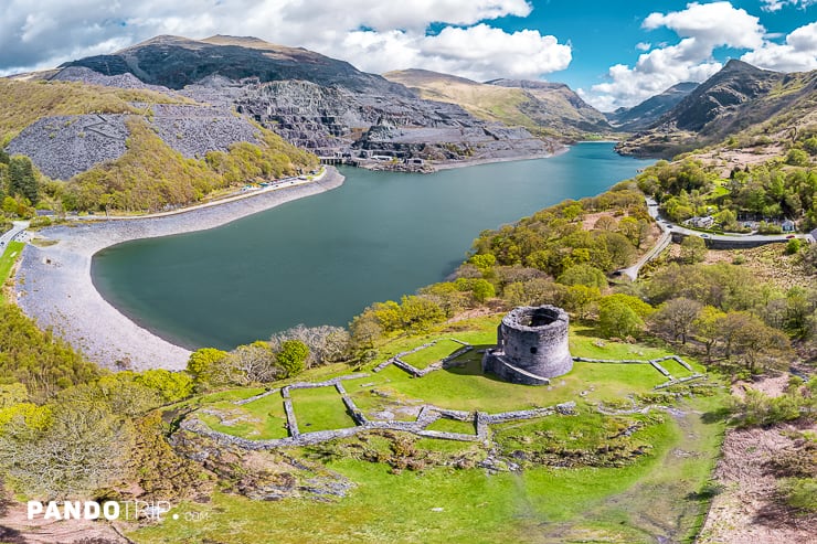 Aerial of Dolbadarn Castle and Llyn Peris Lake in Snowdonia