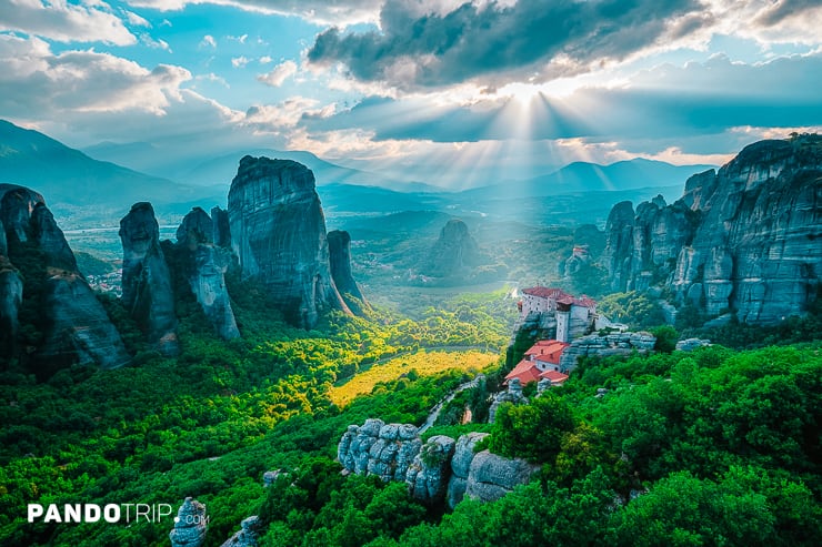 Aerial view of Monastery of Rousanou and Monastery of St. Nicholas Anapavsa, Meteora