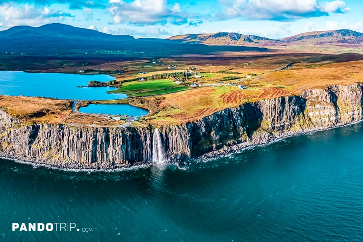 Aerial view of Mealt Falls and Kilt Rock, Isle of Skye