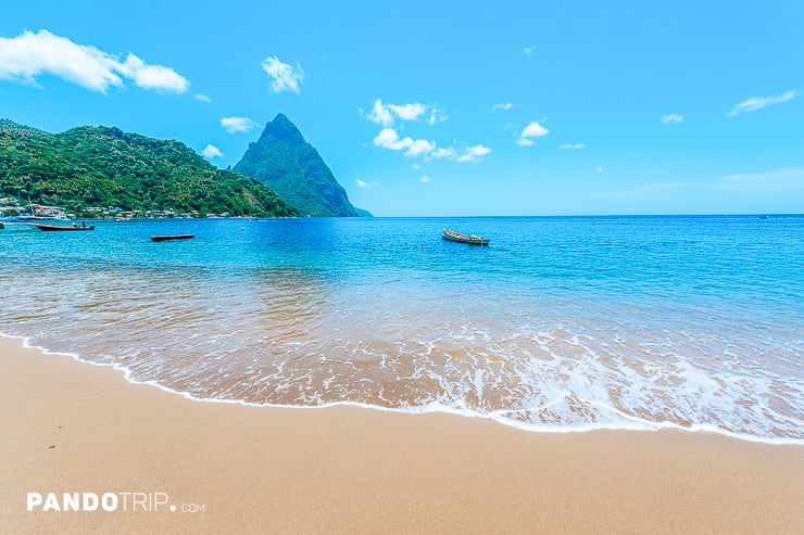 Beach at Soufriere Bay with view to Piton in Saint Lucia
