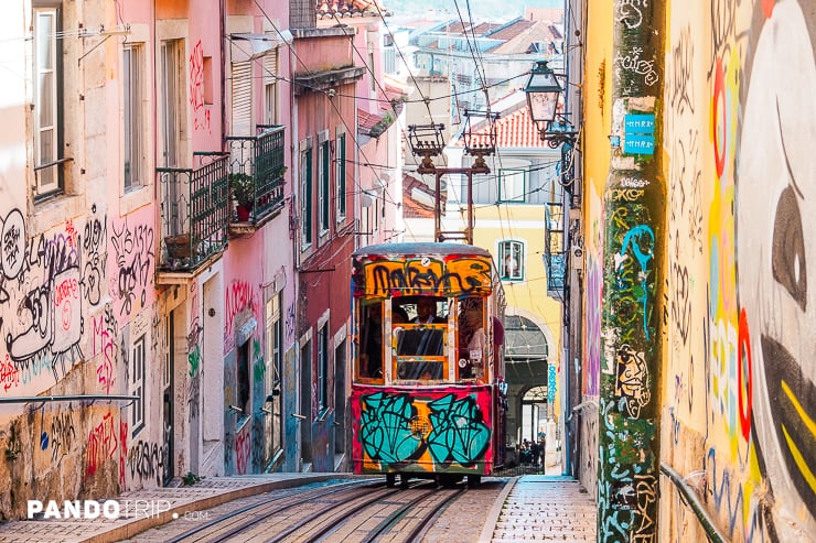 Funicular with graffiti in Lisbon