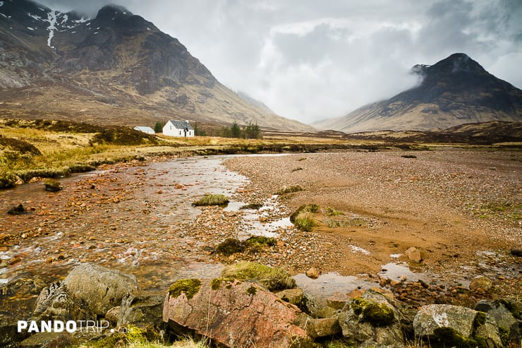 Lagangarbh white hut in Glen Coe, Scottish Highlands