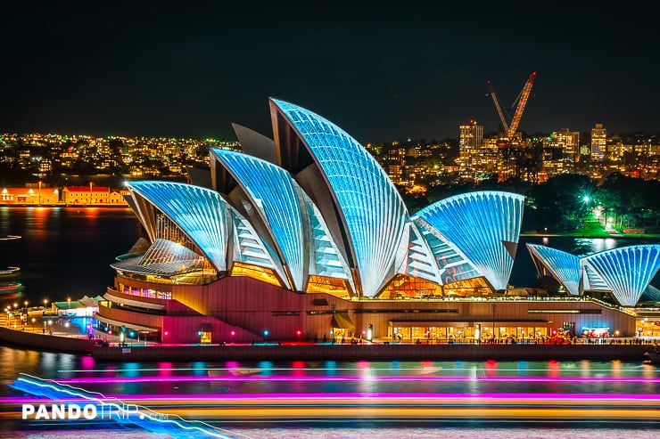 Sydney Opera House illuminated at night during the Vivid Light festival
