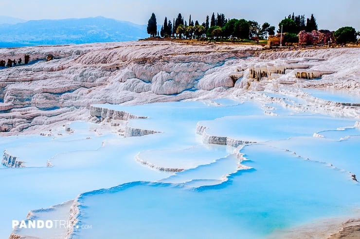 Thermal springs pools and terraces made of travertine in Pamukkale in Turkey