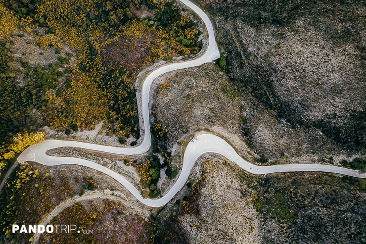 Drone view of winding roads leading to Piodao