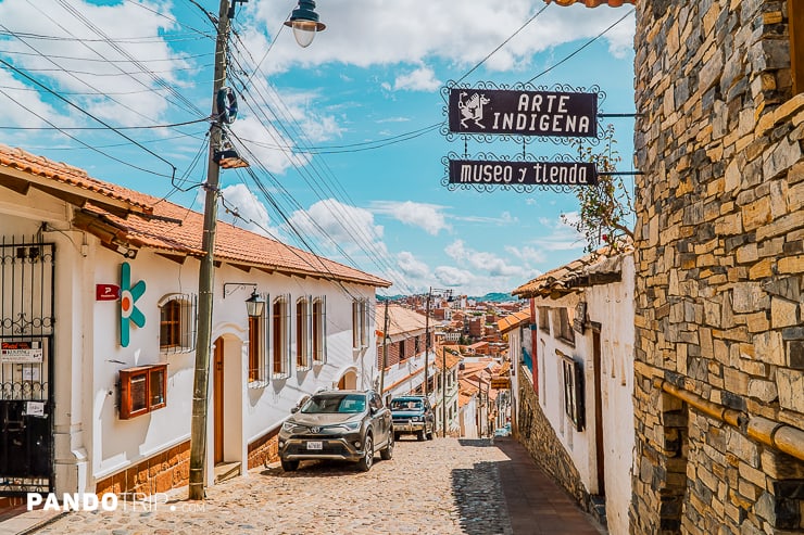 Street with colonial houses in Sucre, Bolivia