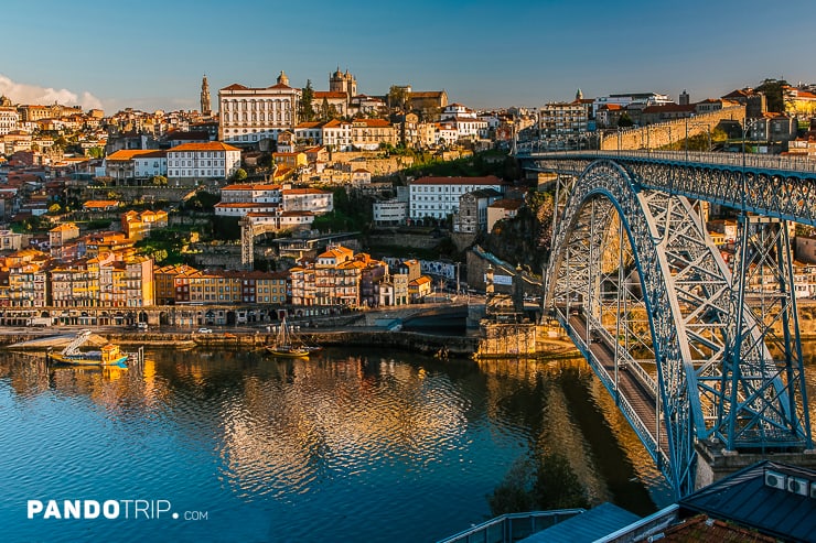 View of Ribeira district with with Douro river and Dom Luis I bridge