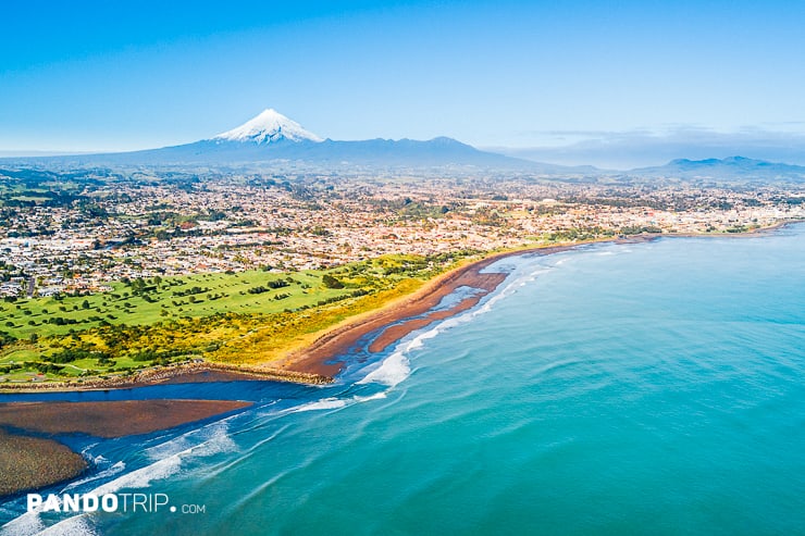 Aerial view of New Plymouth Coastal Walkway and Mount Taranaki in the backround