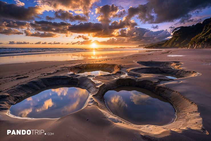 Pools at Hot Water Beach during sunset in Coromandel