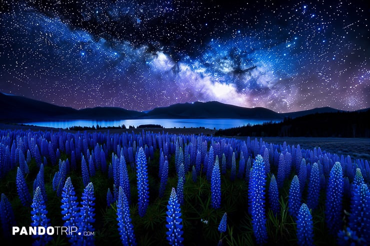 Starry sky with the Milky Way above a field of lupins at Lake Tekapo in New Zealand