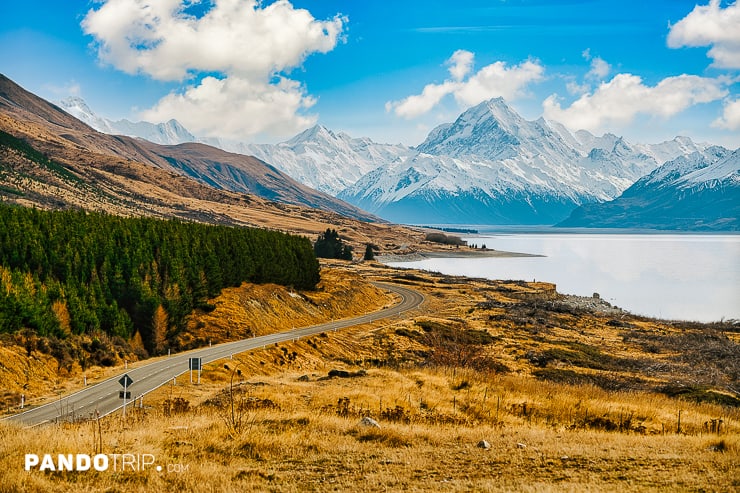 Winding road with Mount Cook views