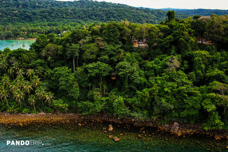 Aerial view of Koh Kood island with a bird's nest restaurant