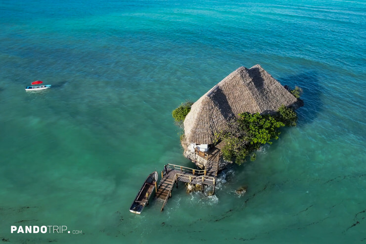 Drone shot of he Rock Restaurant, Zanzibar