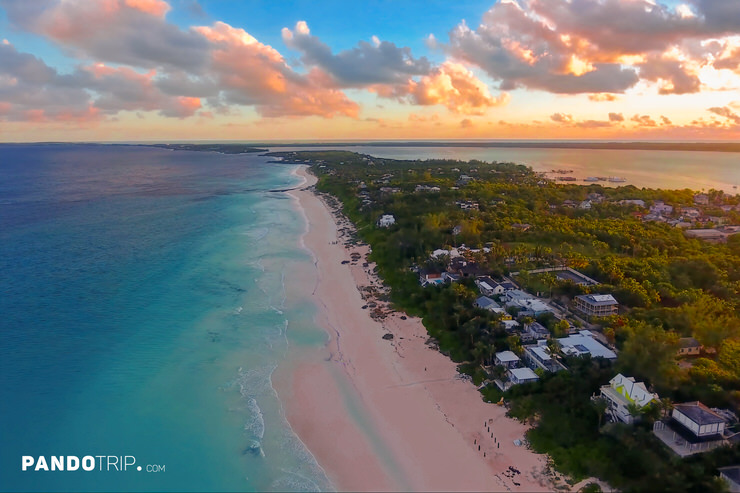 Evening landscape of the pink beach of the Bahamas