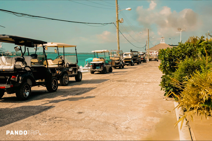 Golf carts near the port marina